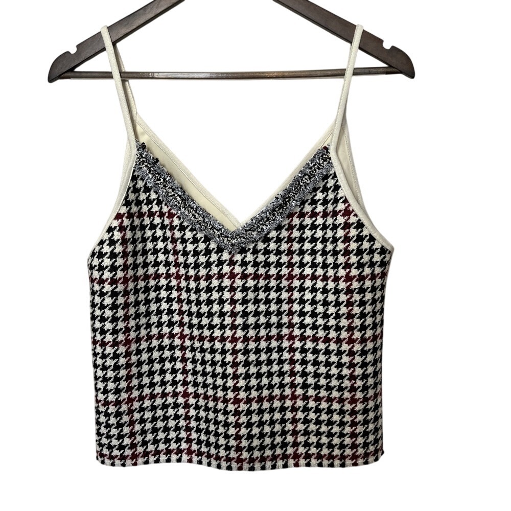 Zara Contrast Cream Houndstooth Camisole Top Suede Medium - Picture 1 of 7